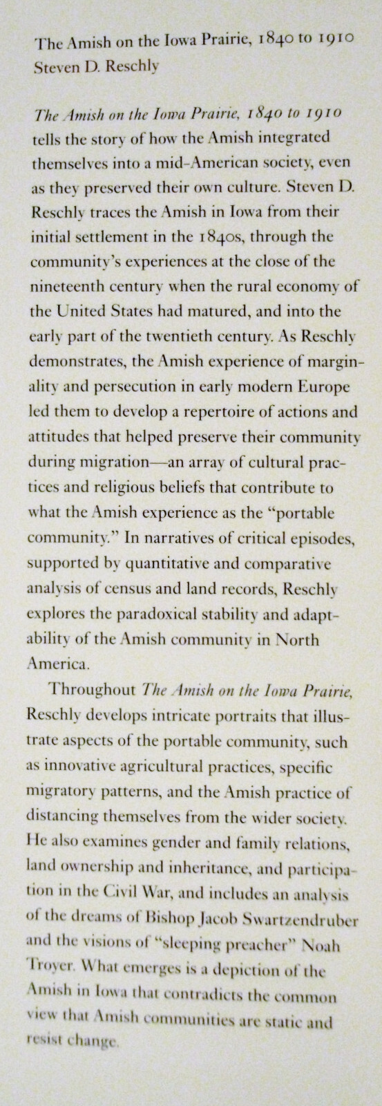 Iowa Prairie Amish Anabaptist History 1840-1910 Reschly Book 2000