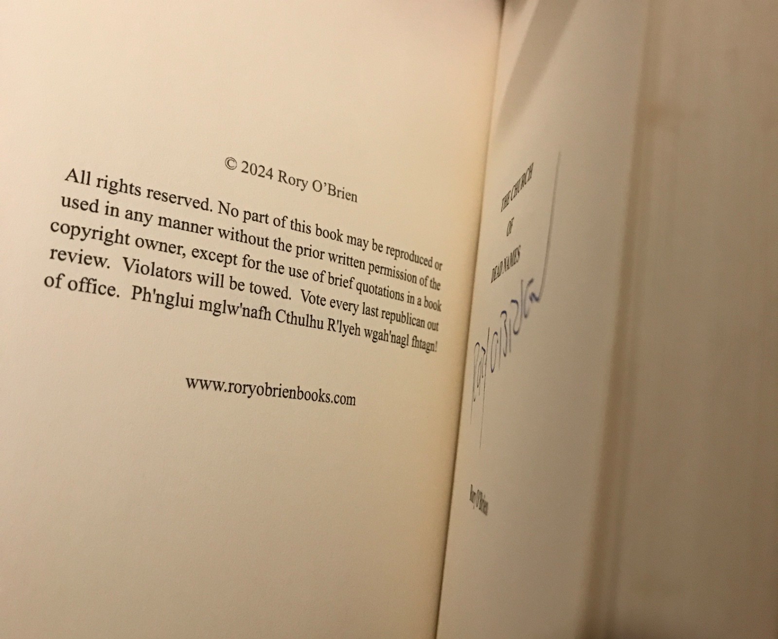 The Church of Dead Names Rory O’Brien autographed sci-fi horror paperback 2024