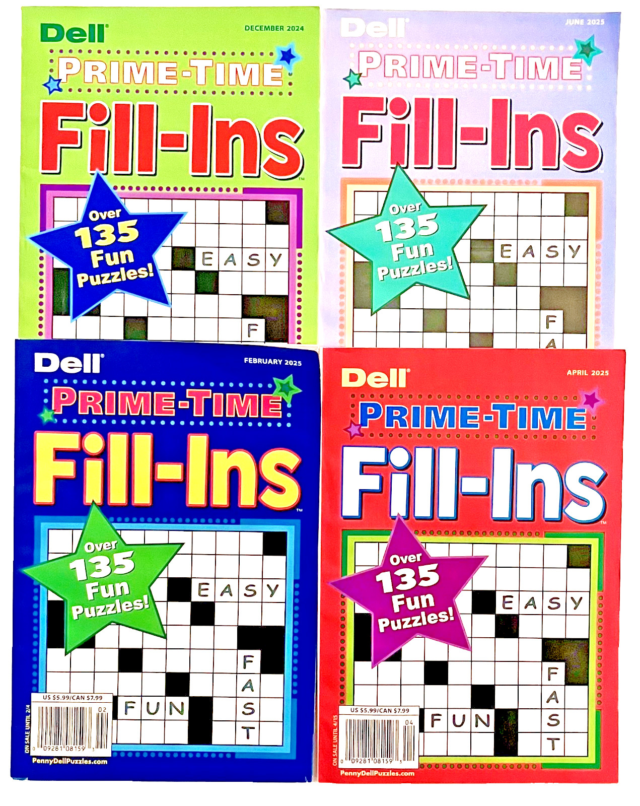 NEW Lot of 4 Penny Press Dell PRIME TIME Fill In Puzzle Books Over 135 In Each!