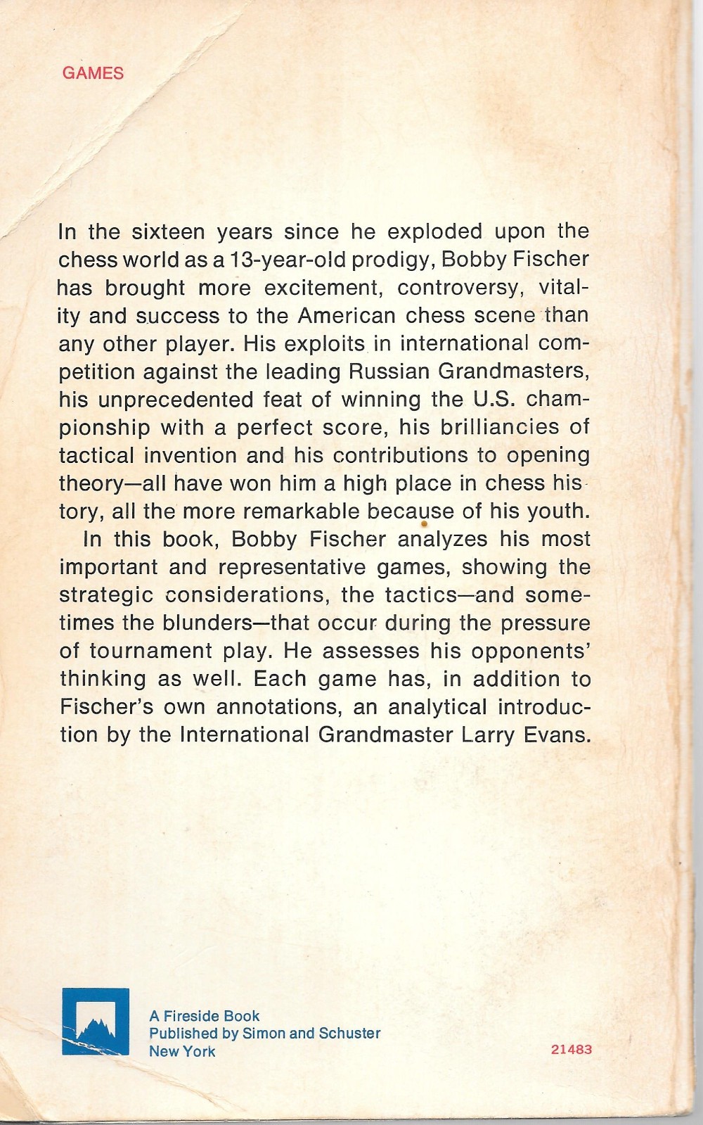 Bobby Fischer My 60 Memorable Games Simon & Schuster Paperback Chess Book