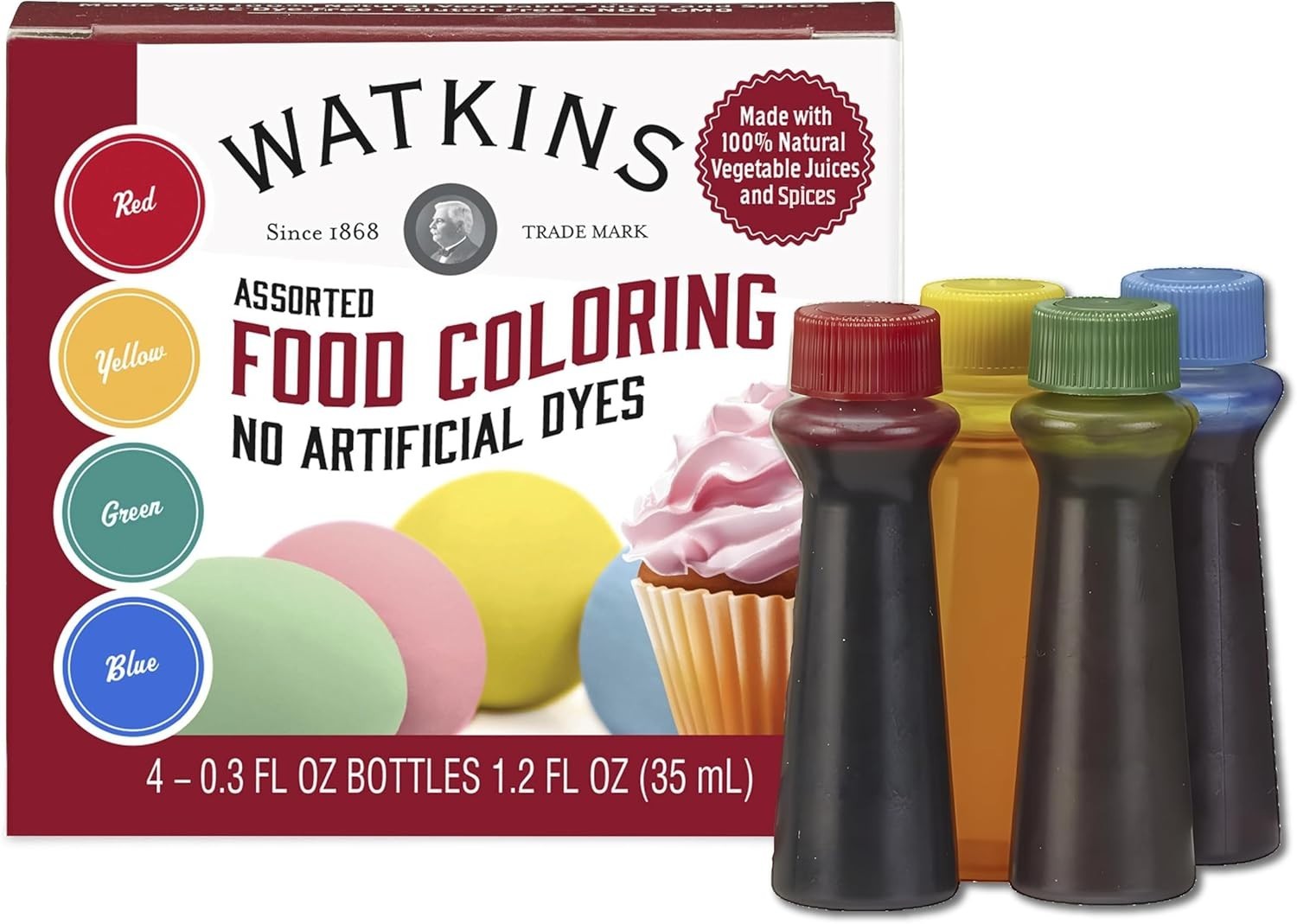 Natural Gluten-Free Food Coloring Set – Red, Yellow, Green, Blue, 3 fl oz Total