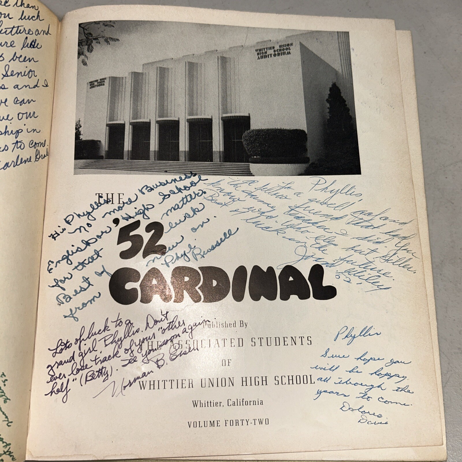 1952 Vintage Yearbook Cardinal Whittier Ca with ephemera