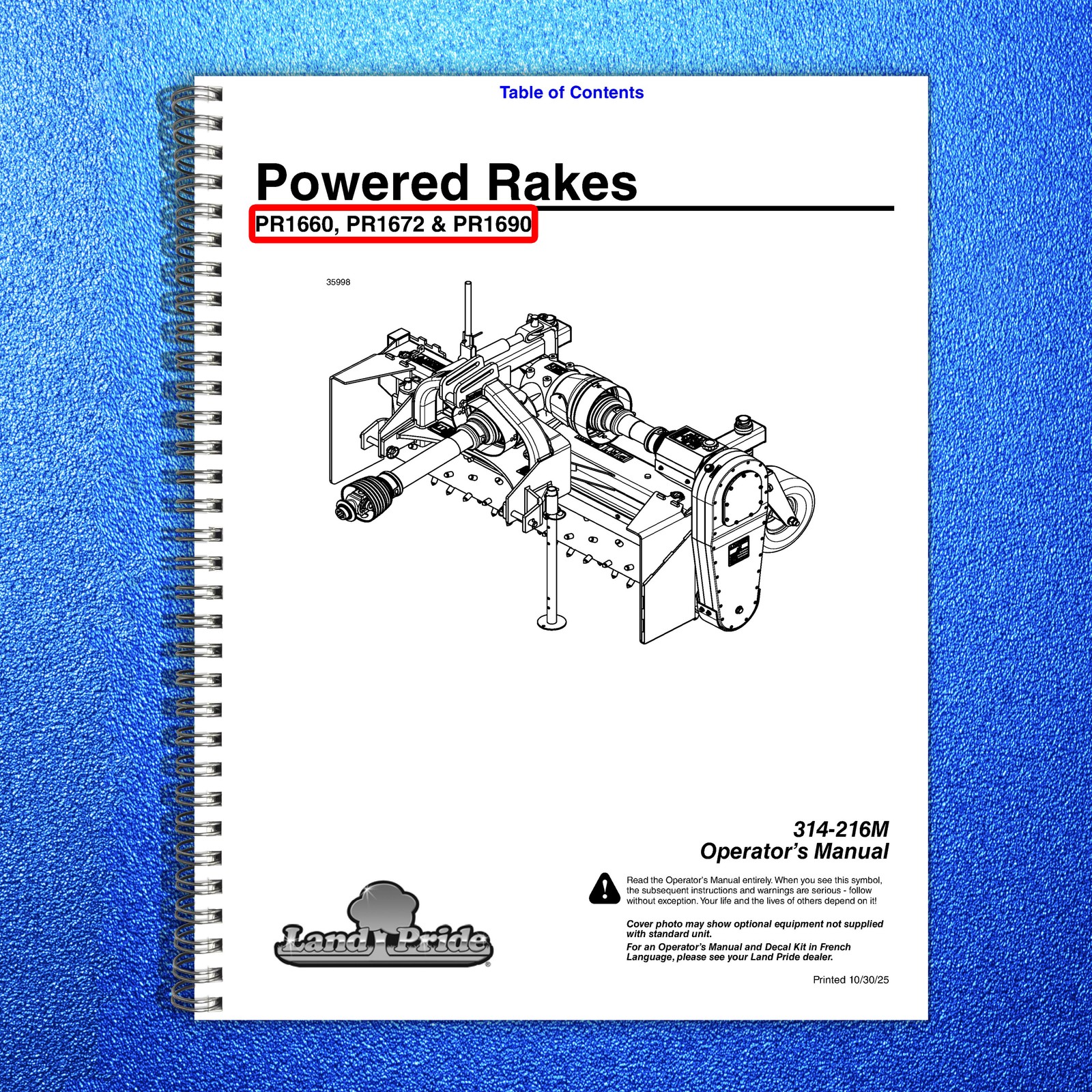 LAND PRIDE PR16 Series Powered Rakes Operators Manual – WIRE BOUND – COVERS