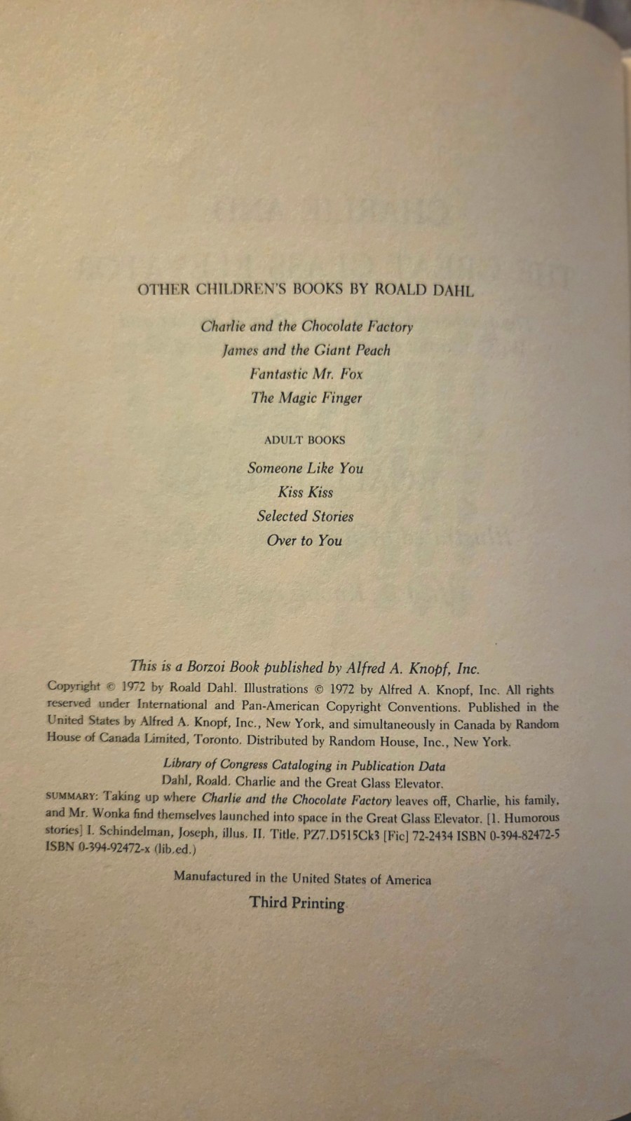 Charlie and the Great Glass Elevator by Roald Dahl (1972) First Ed., Willy Wonka