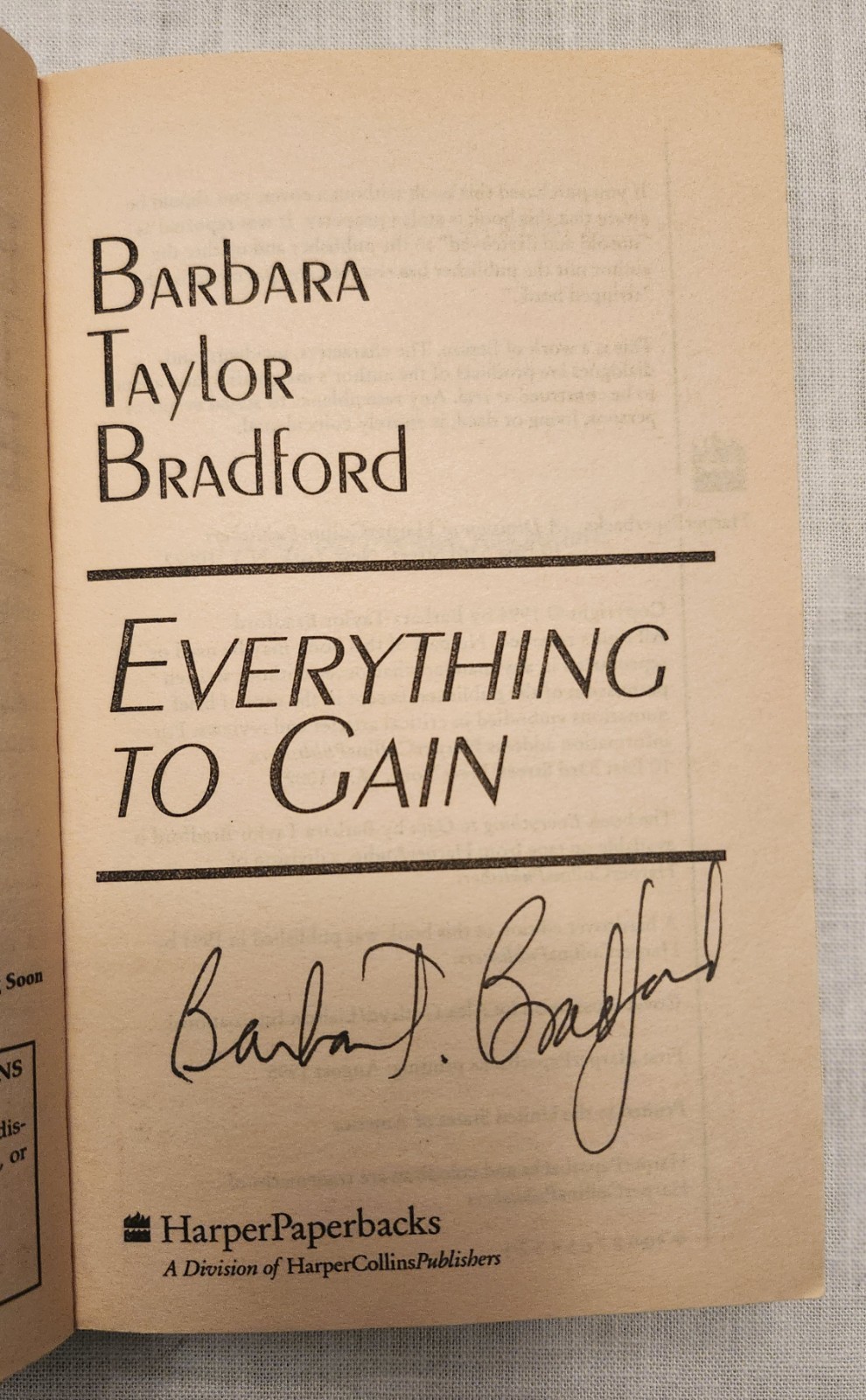 SIGNED Everything to Gain by Barbara Taylor Bradford First Print Mass Market