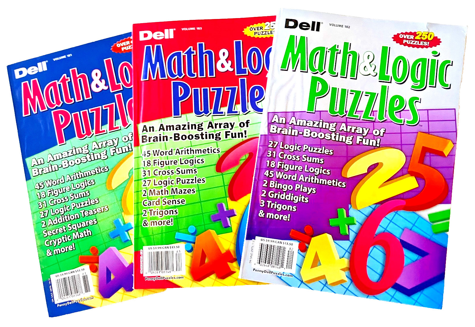 NEW Lot 3 Penny Press Dell Math & Logic Problems Puzzle Books Volumes 181-183