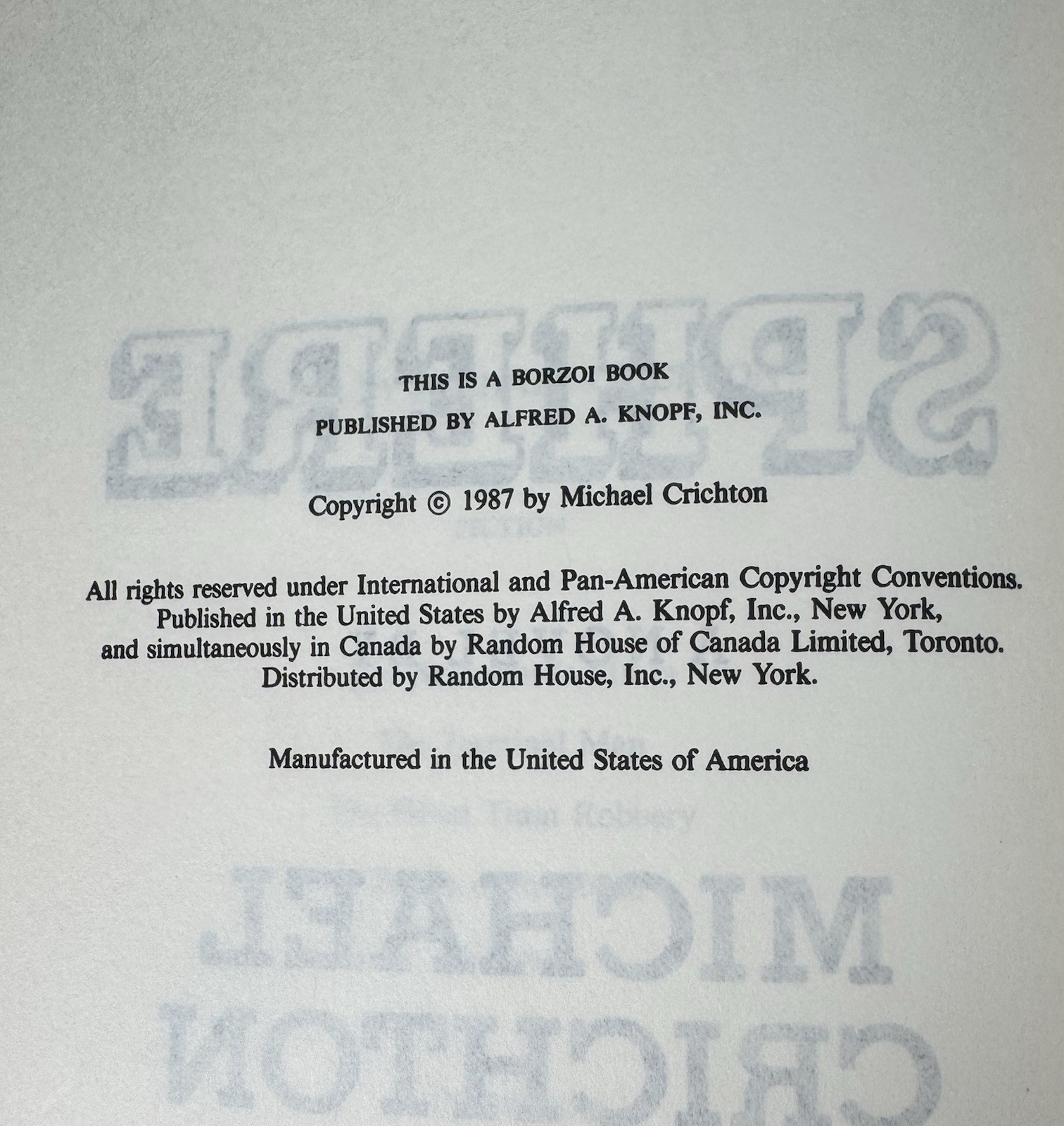 1987 Michael Crichton Sphere Borzoi Books Book Club Edition A. A. Knopf Inc Exc!