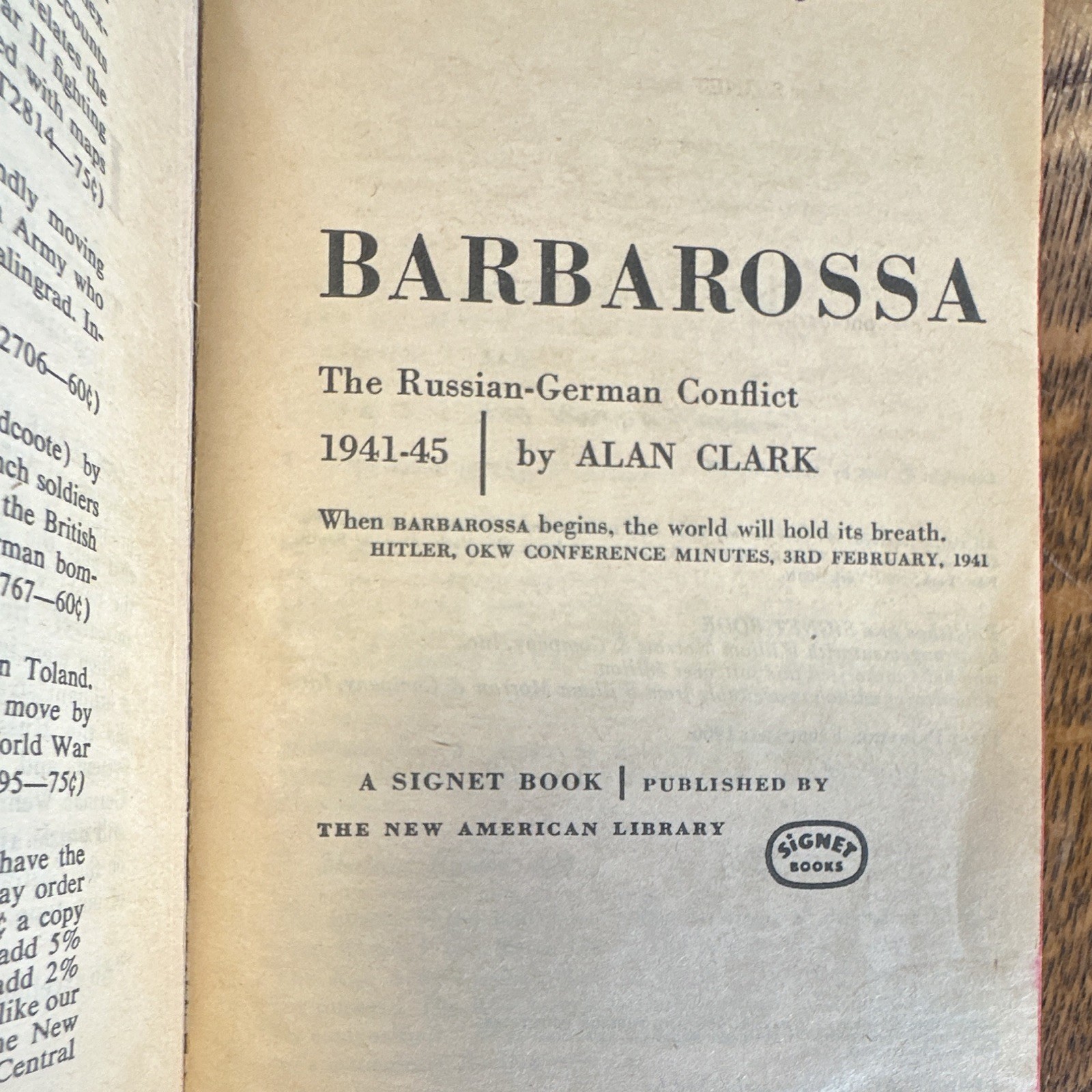 Signet Barbarossa: Russian-German Conflict 1941-45 Alan Clark PB 1966 Illus