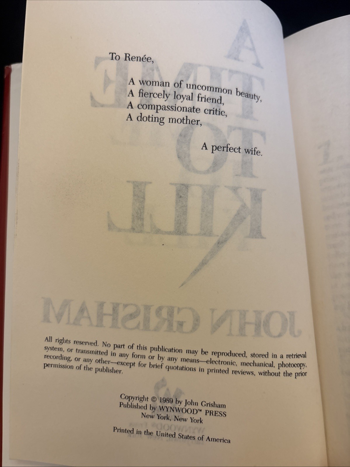 A Time to Kill: A Novel of Retribution Copyright and Printed 1989