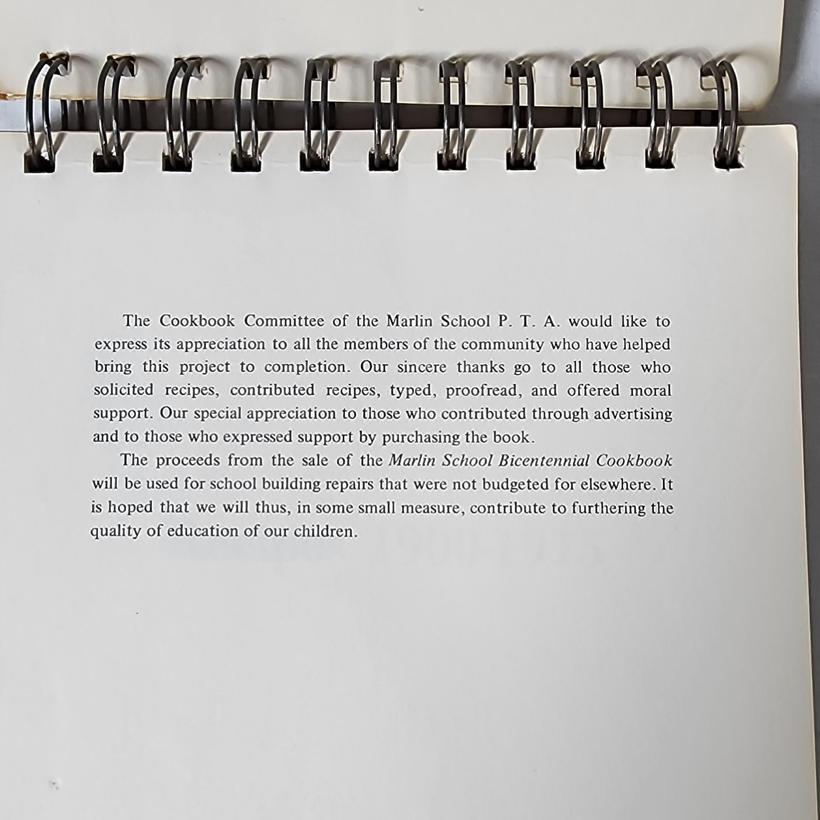 Vintage Bicentennial Cookbook Marlin School 1776-1976 Wire Spiral Bound 82 Pages