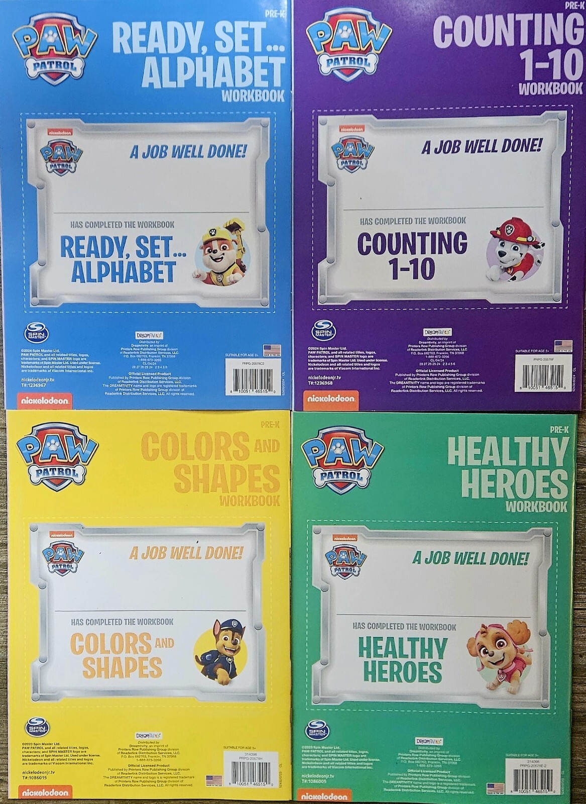 Paw Patrol Pre-K Workbook set of 4 Alphabet Counting Shapes Healthy Heroes