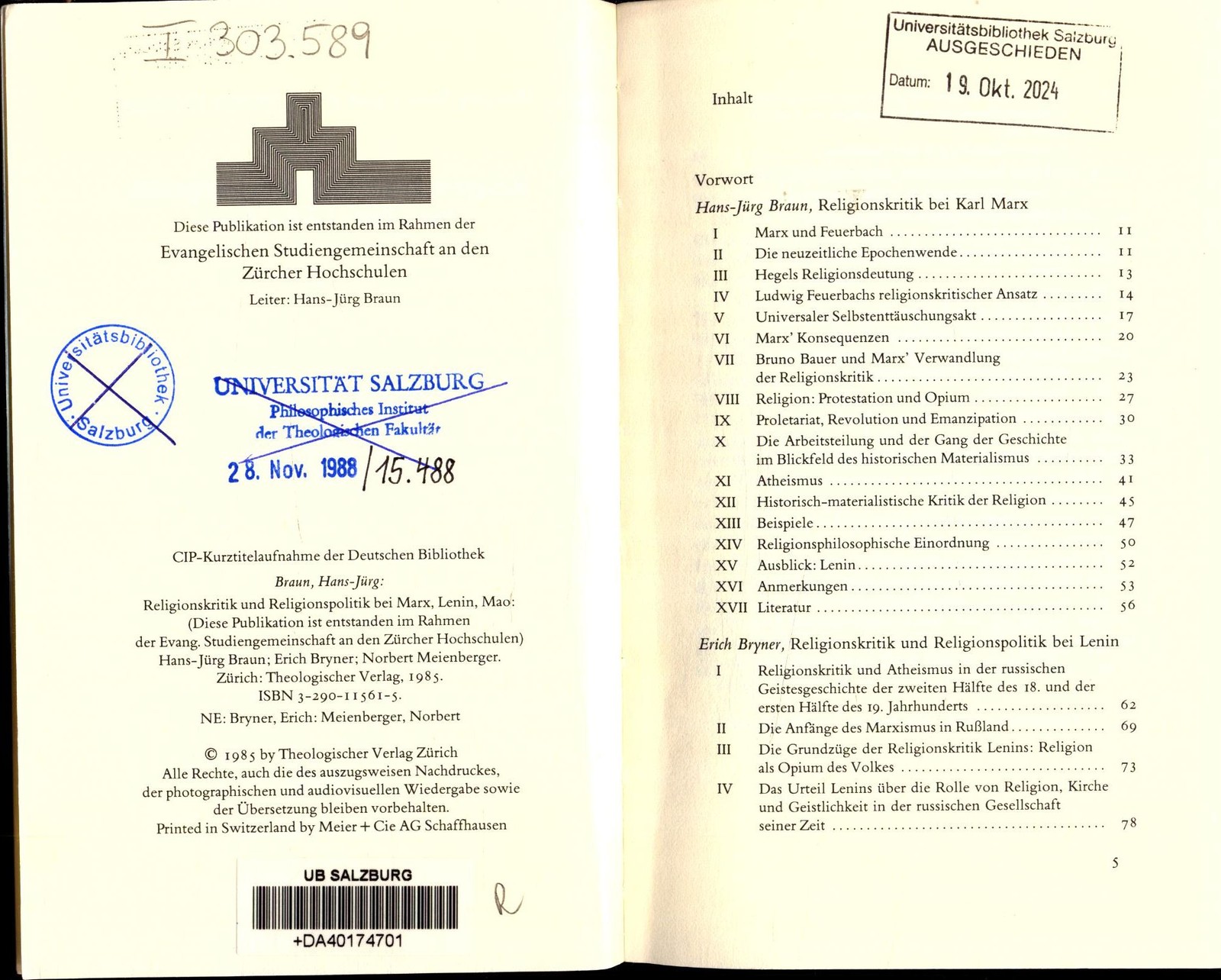 Religionskritik und Religionspolitik bei Marx Lenin Mao Braun, Hans-Jürg, Erich