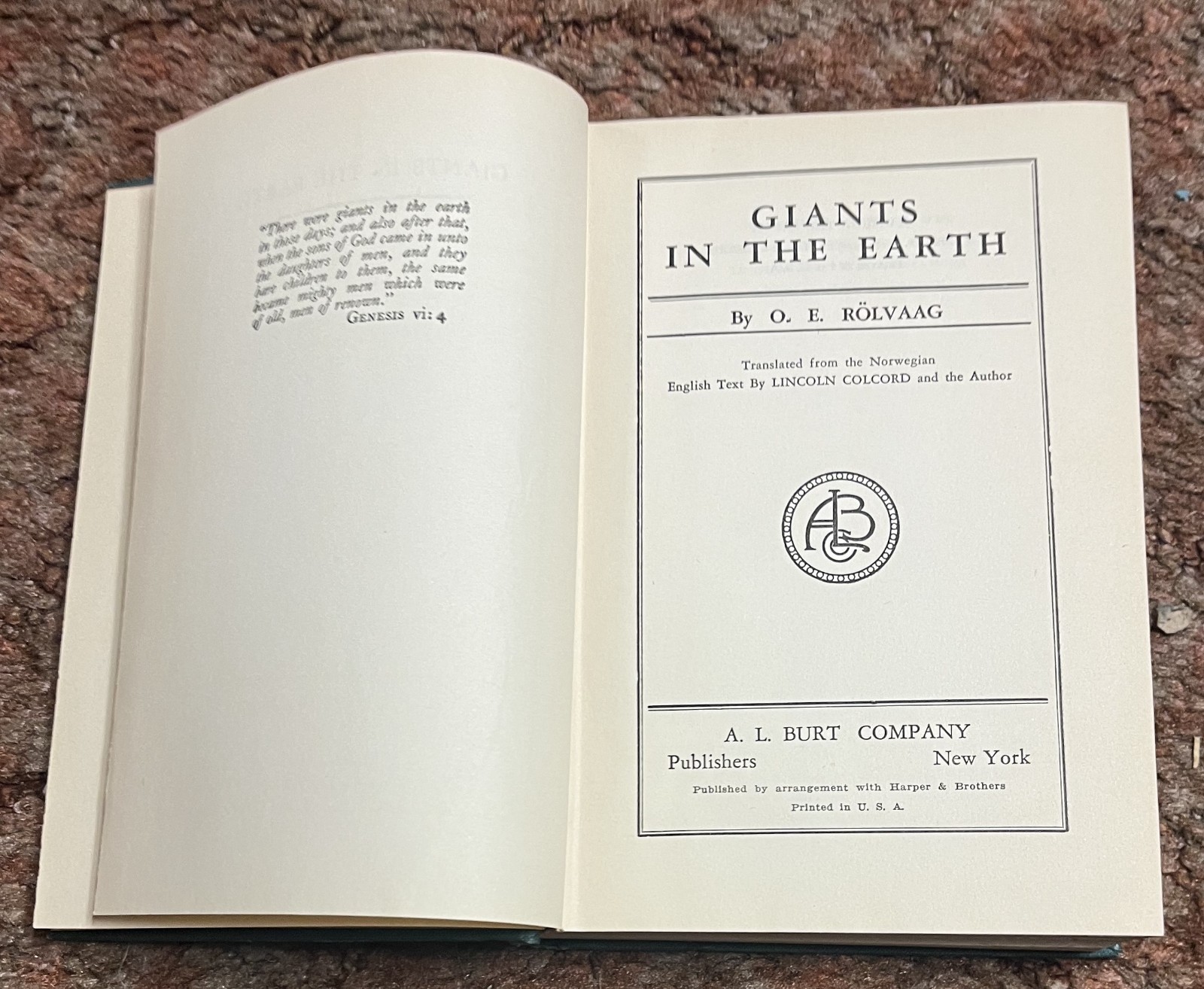 GIANTS IN THE EARTH-Norwegian Novel-O. E. ROLVAAG-Excellent 1929 A. L. Burt HC!