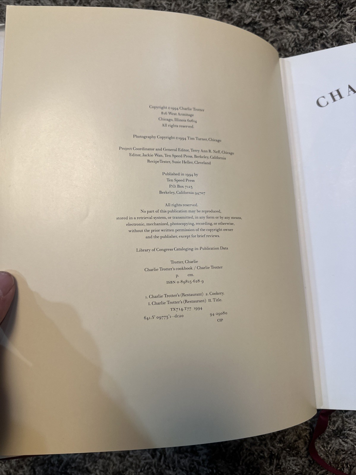 Vintage 1994 Charlie Trotter’s Cookbook Chicago Hardcover Ten Speed Press