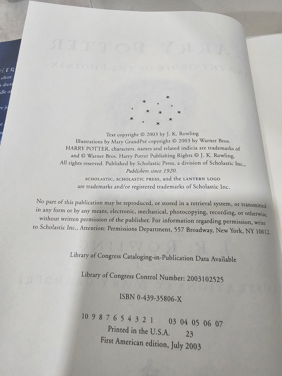 Harry Potter and the order of the phoenix 1st US edition, 7/03 RARE W/ ERROR