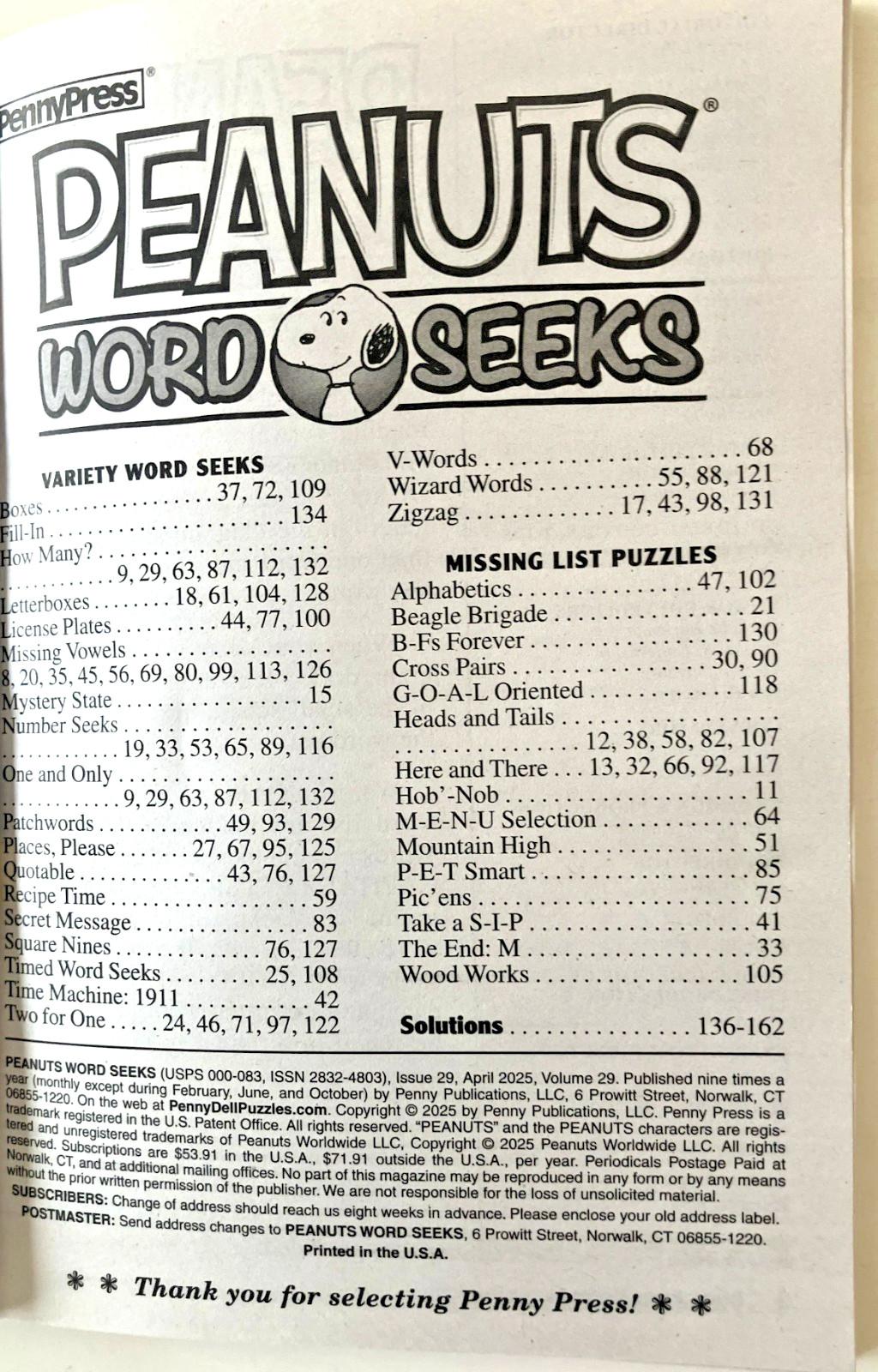 2 Penny Press PEANUTS Charlie Brown Word Seek Search Puzzle Books July 25 Jan 26