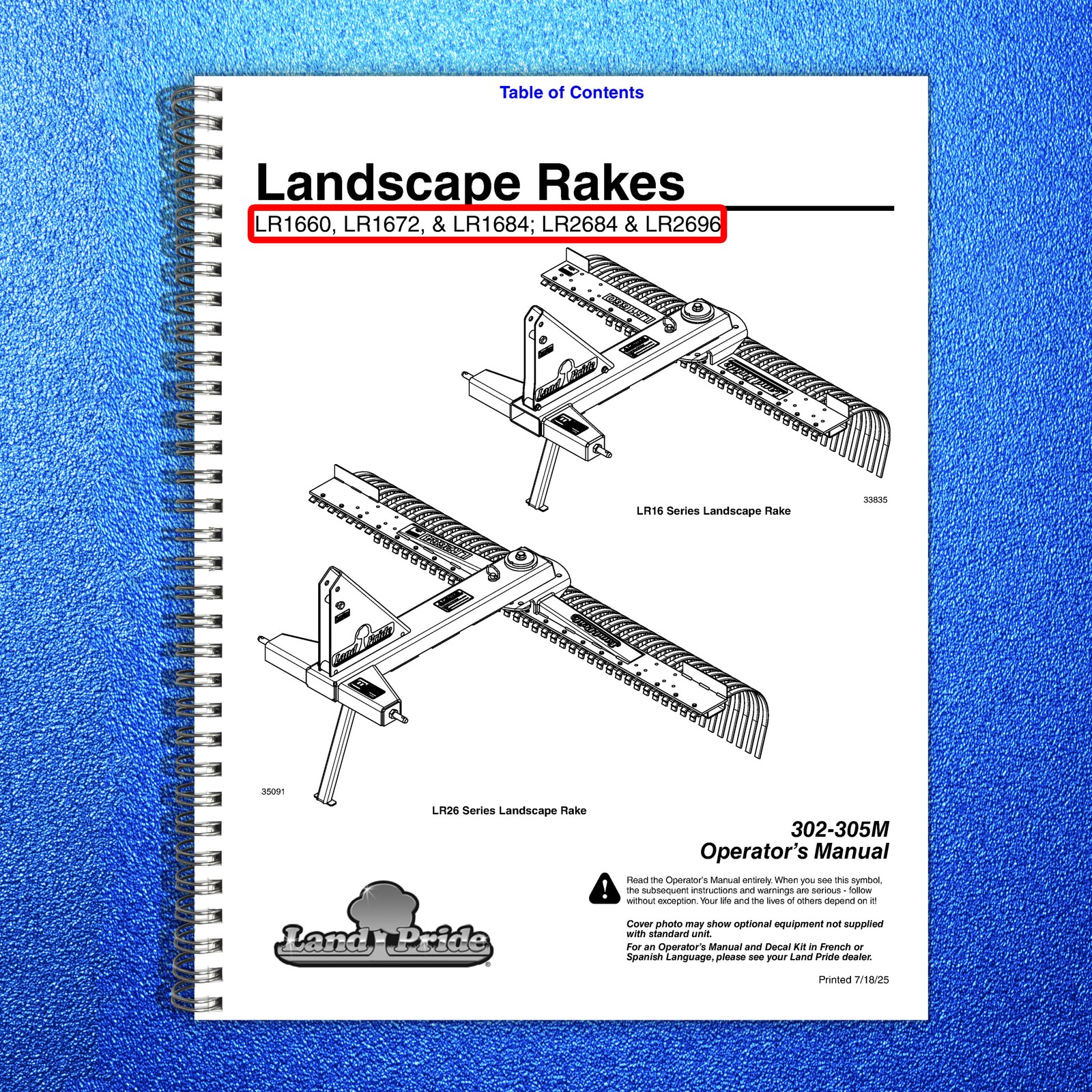 LAND PRIDE LR16 Series Landscape Rakes Operators Manual – WIRE BOUND – COVERS