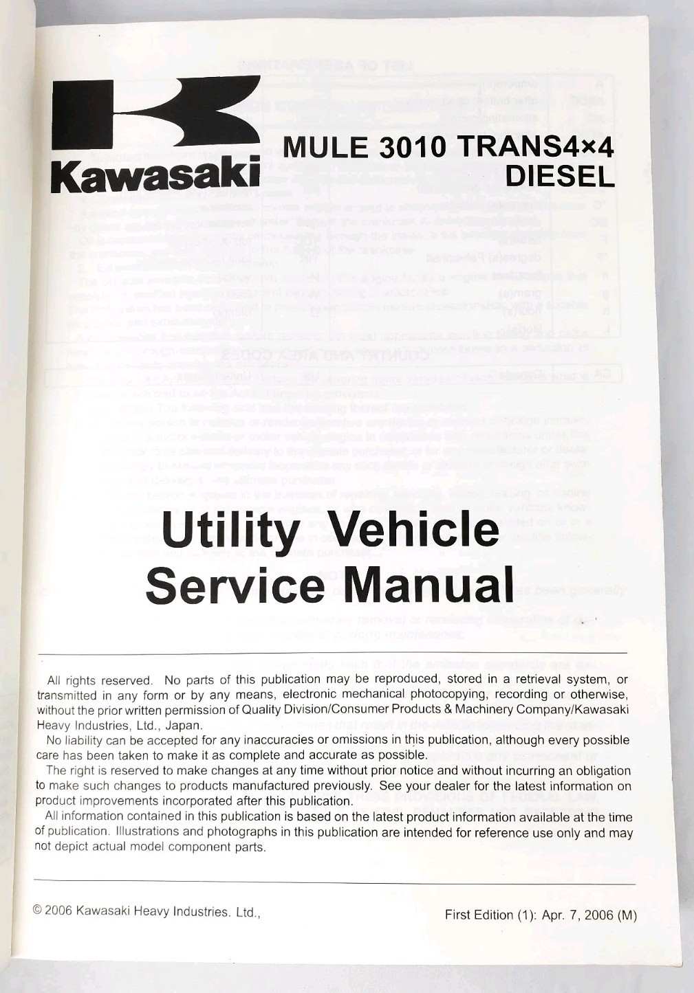 07 Kawasaki Mule 3010 Diesel 4×4 Factory Service Manual 99924-1368-01 KAF950C7F