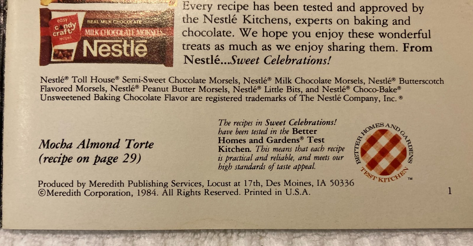 Nestle Morsels Sweet Celebrations Dessert Recipe Cookbook © 1984 Meredith Corp.