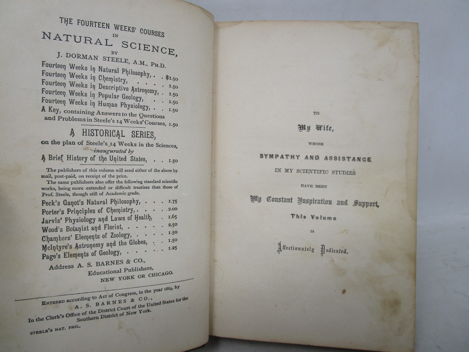 Fourteen Weeks in Natural Philosophy by J. Dorman Steele 1875 Sample Copy