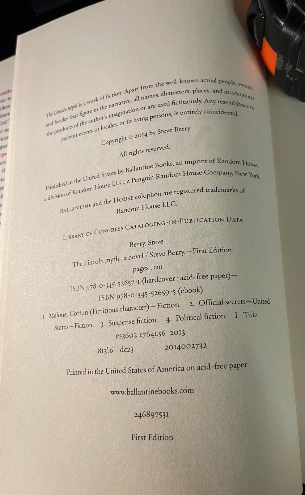 Signed 1st Edition Hardcover (March 2015)- Steve Berry “The Lincoln Myth”