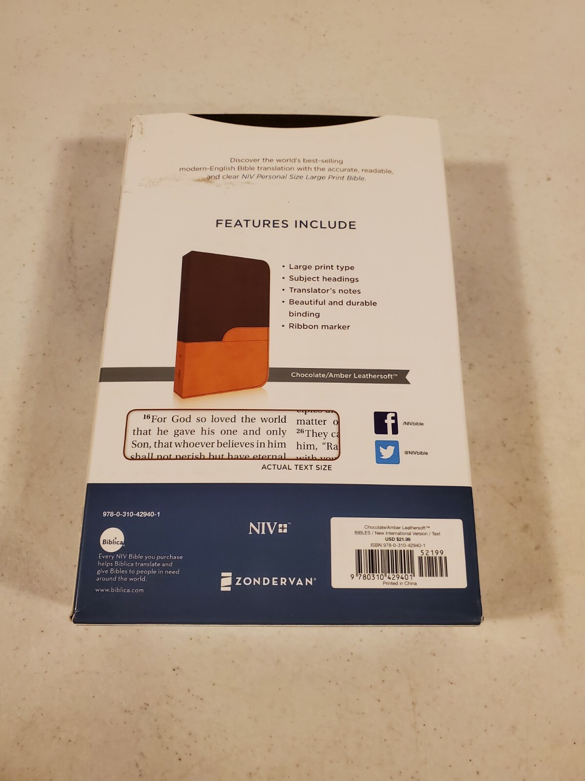 Zondervan NIV Personal Size Large Print Bible Chocolate Amber Leathersoft