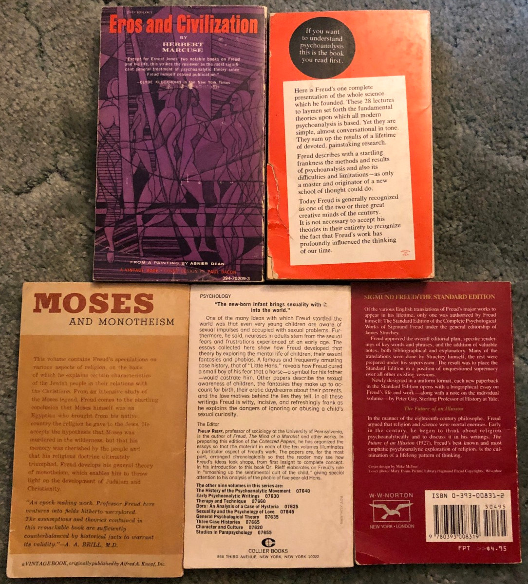 Sigmund Freud books, lot of 5, Eros and Civilization, Moses and Monotheism