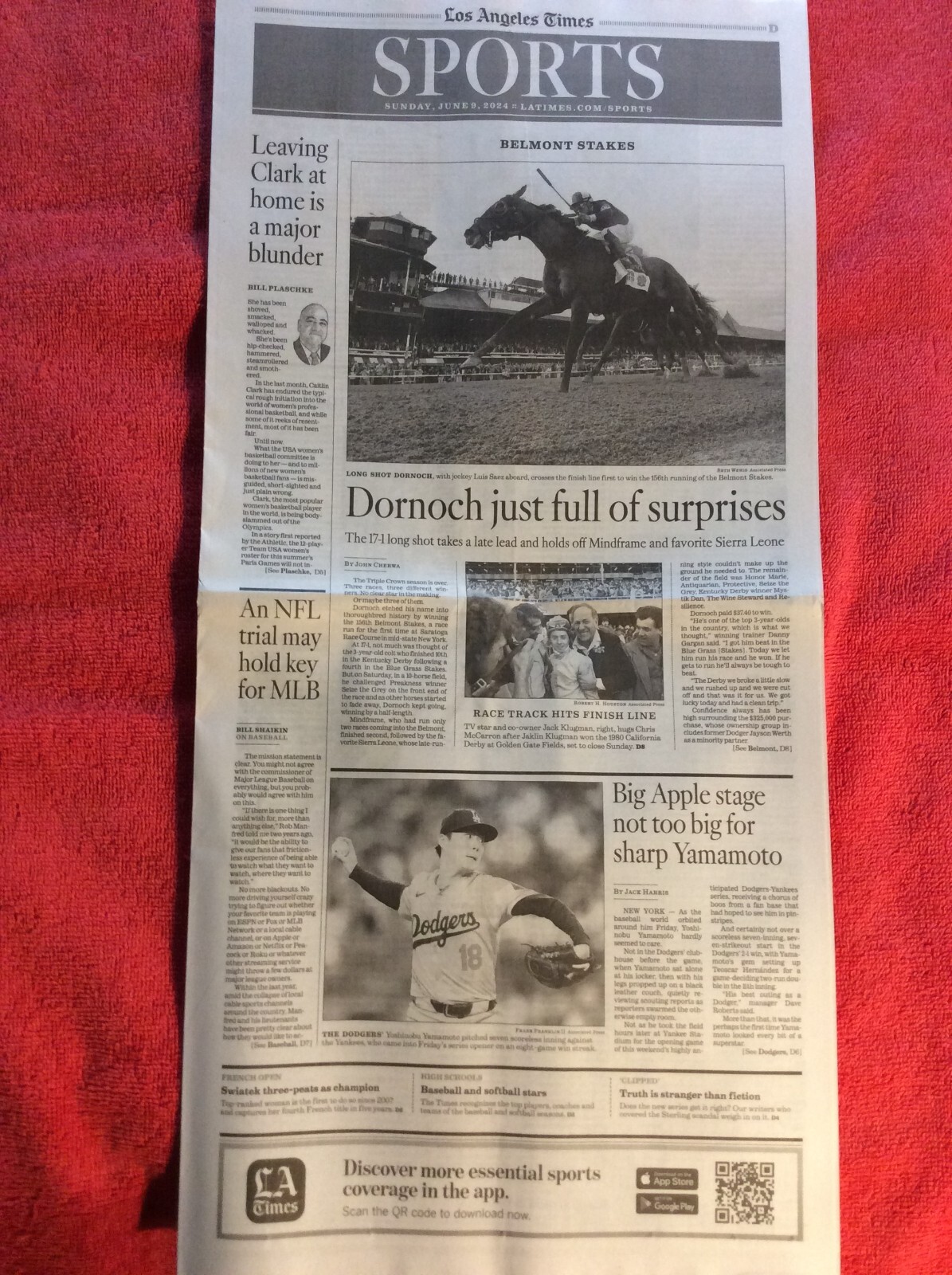 LA TIMES SPORTS SECTION JUNE 9 2024 LONG SHOT DORNOCH LUIS SAEZ BELMONT STAKES