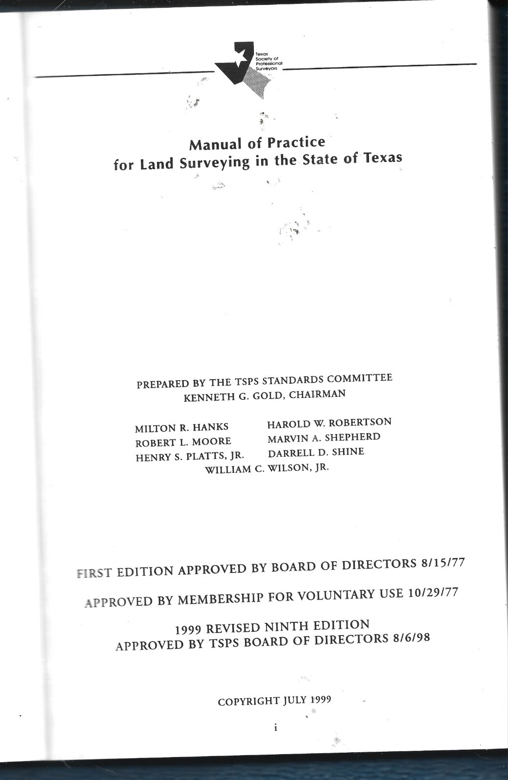 TSPS Manual of Practice for Land Surveying in Texas 1-9 PB-1999-135 pages