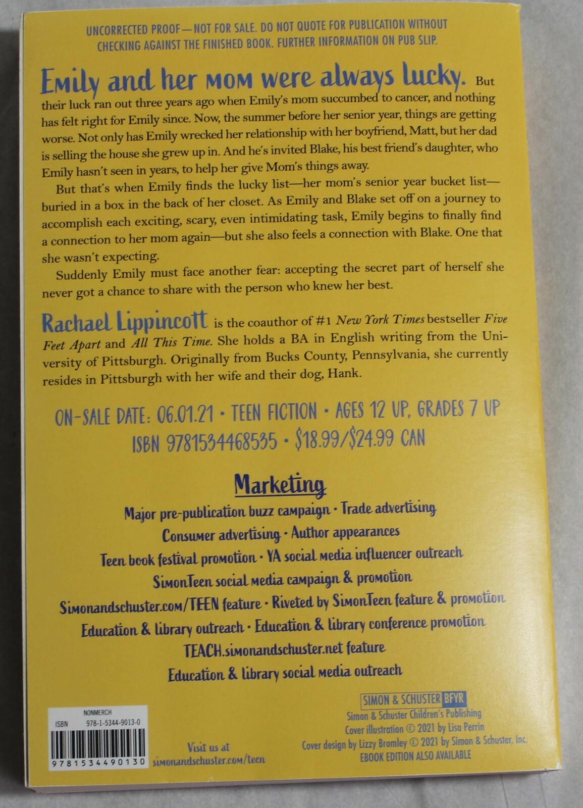 Uncorrected Proof of Lucky List Rachael Lippincott Young Adult Age 12 and up