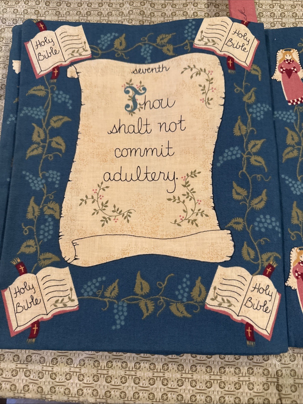 Vintage Cloth -Quilted 10 Commandments Book with Bookmark! 10 1/2 Inches Long