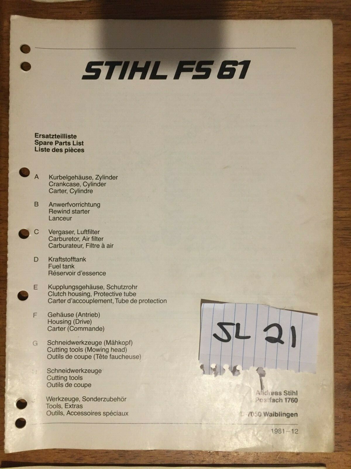Stihl FS 61 Chainsaw Spare Parts List – Parts Manual – 25 Pages
