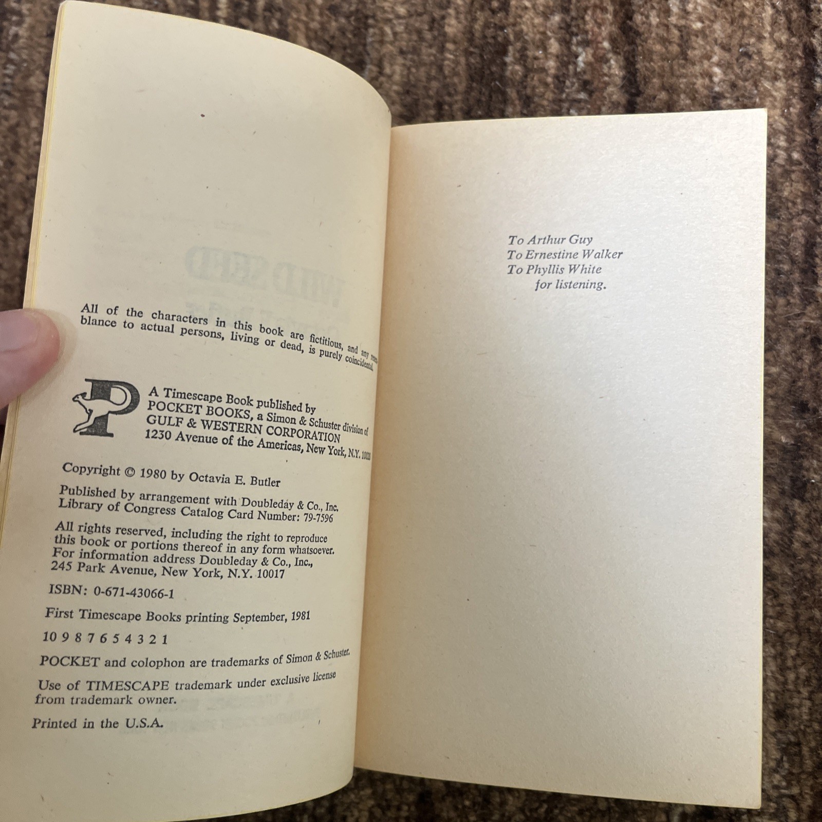 Wild Seed by Octavia E Butler – 1981 1st Pocket Timescape Mass Market Paperback
