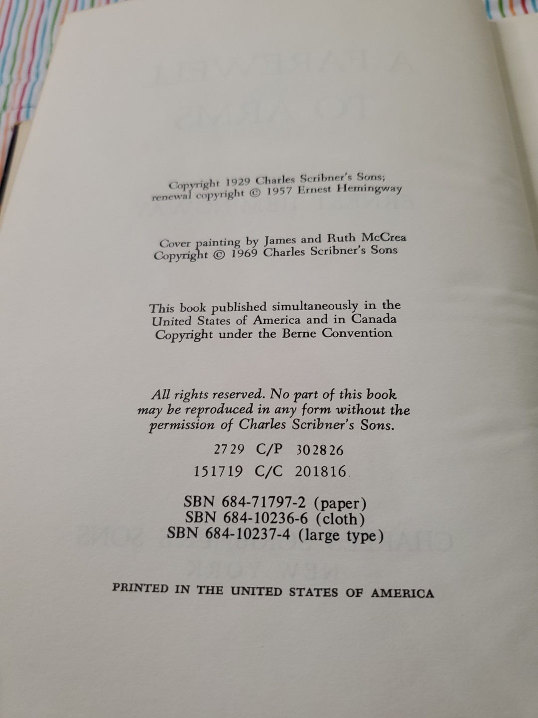 “A Farewell to Arms” by Ernest Hemingway (1969) Scribner – Vintage Hardback