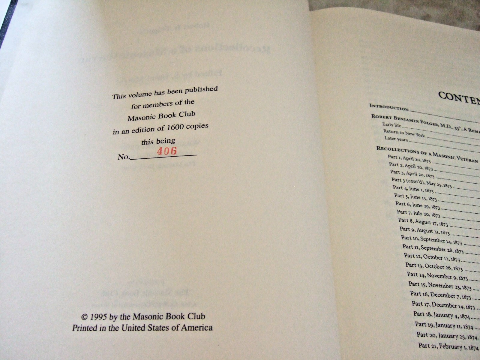 Brent Morris Ed. Robert Folger’s Recollections of a Masonic Veteran Ltd Ed #406
