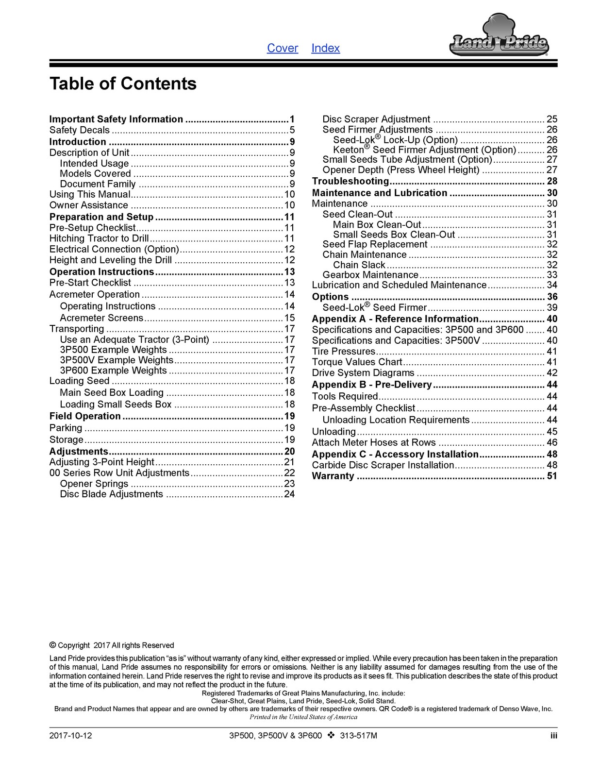 LAND PRIDE 3P600 Compact Drills Operators Manual 2017 – WIRE BOUND – COVERS