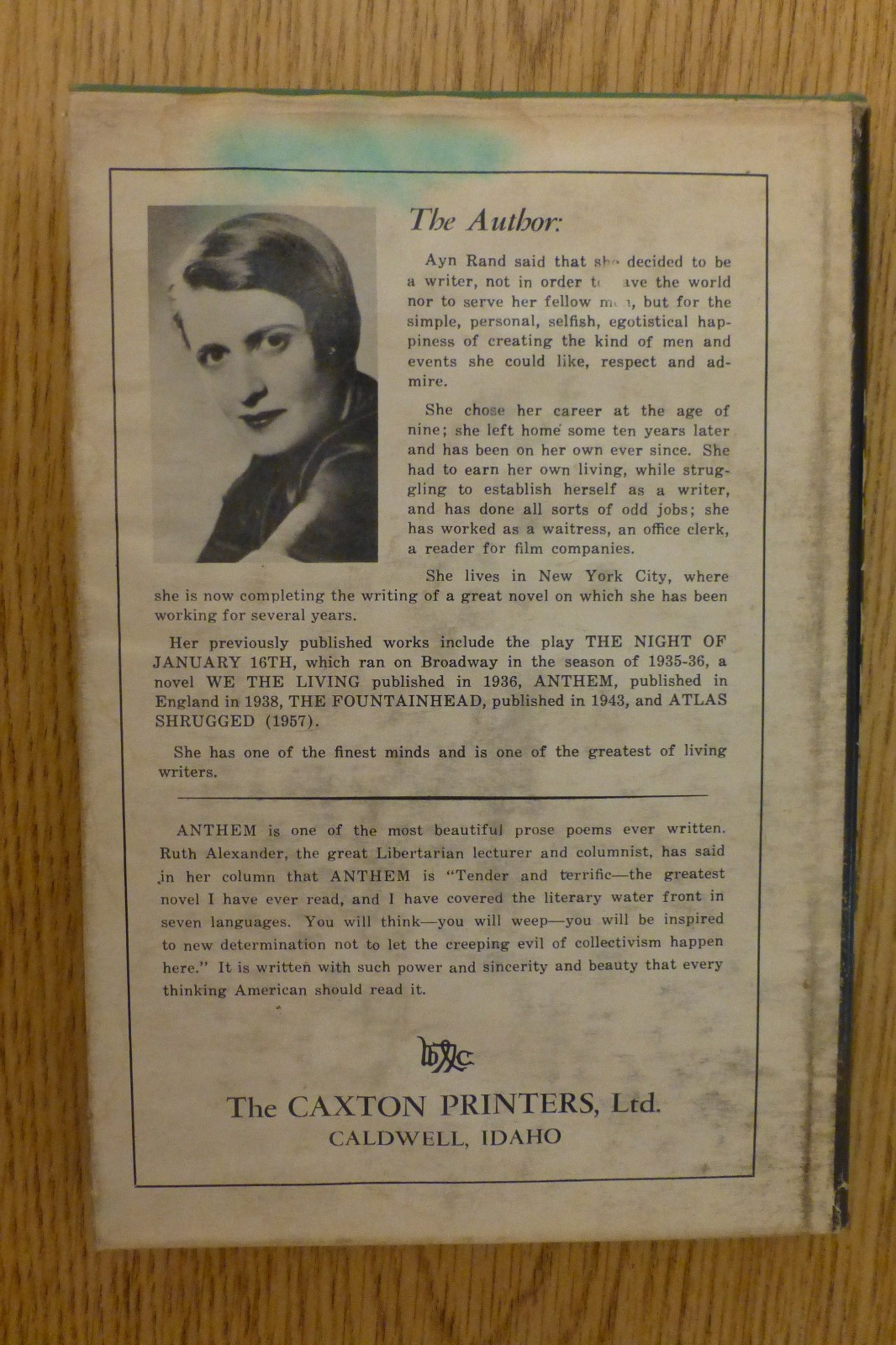 Anthem, Ayn Rand, hardcover 1st edition, 3rd printing, 1960