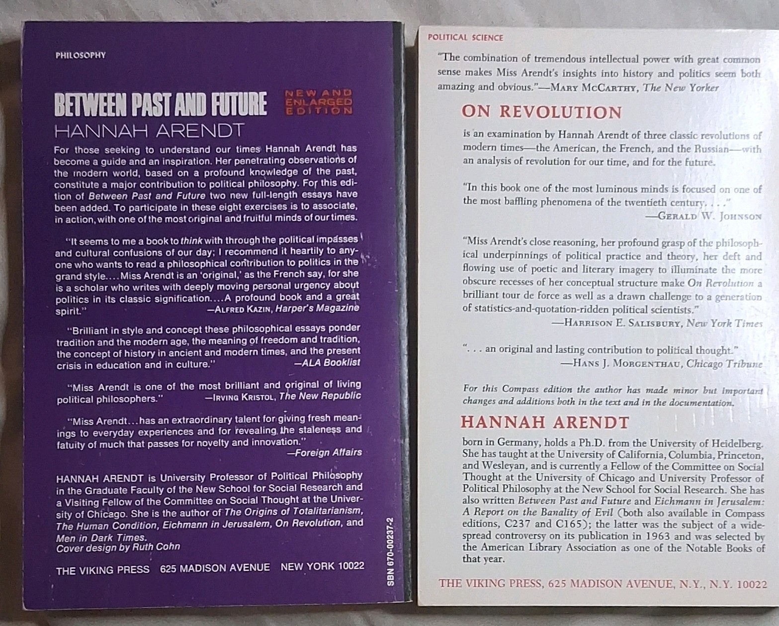 HANNAH ARENDT Between Past & Future & On Revolution 2 Viking Press PB 1971-73