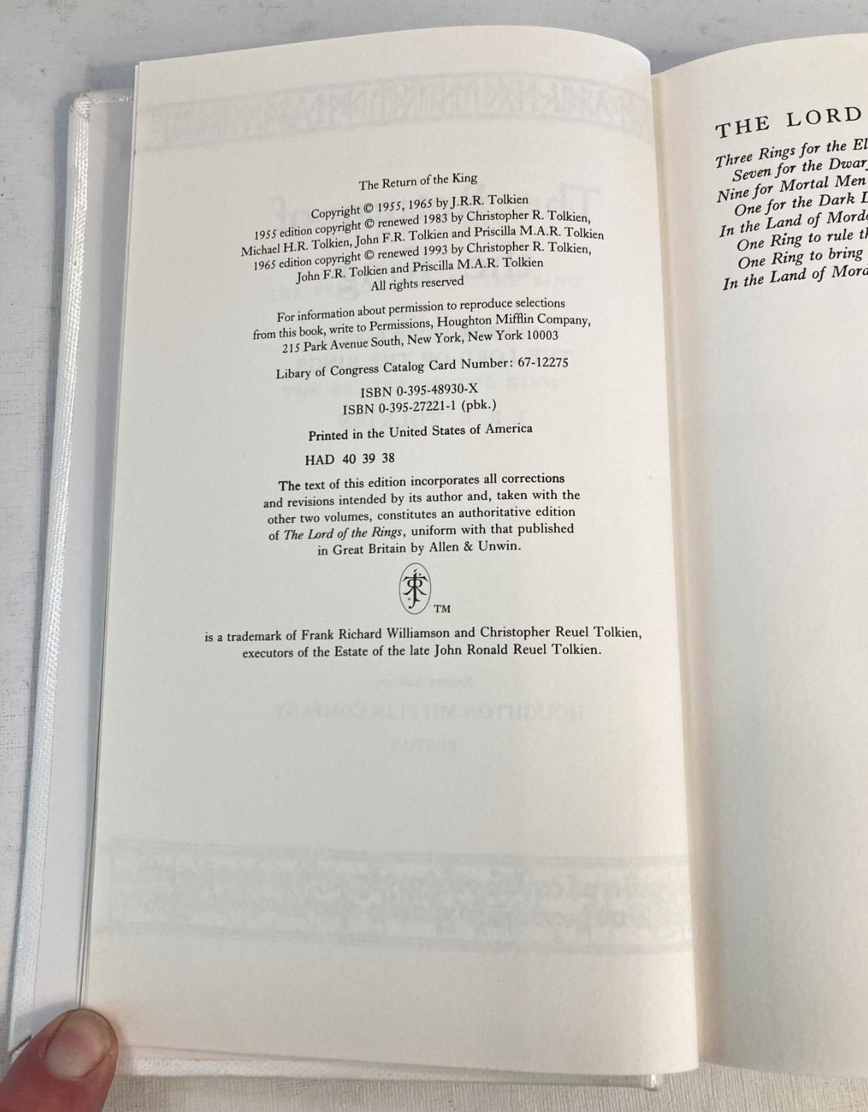 Tolkien’s LOTR 3 vol 1993 Houghton Mifflin Edition Later Prints HC/DJ EX-LIB GC