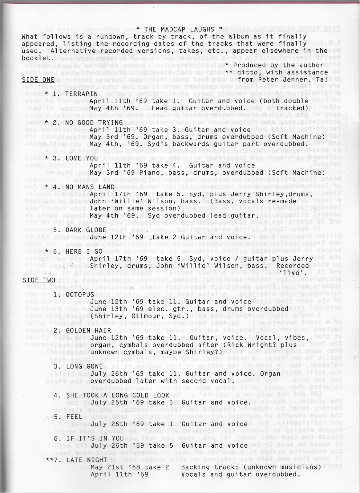 Syd Barrett The Making Of The Madcap Laughs, Malcolm Jones, in Opel Fanzine 1986