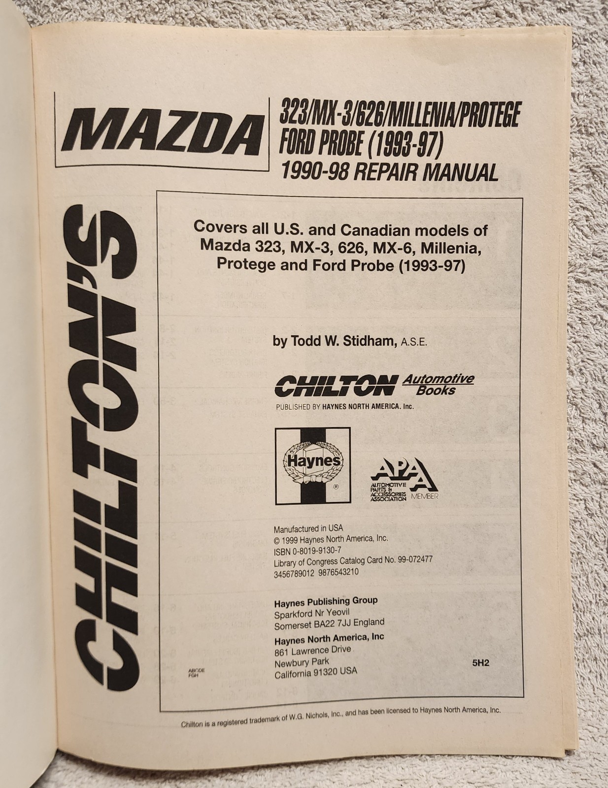 Chilton Mazda 1990 to 1998 Repair Manual 323 Protege MX3 MX6 626 Millenia Probe