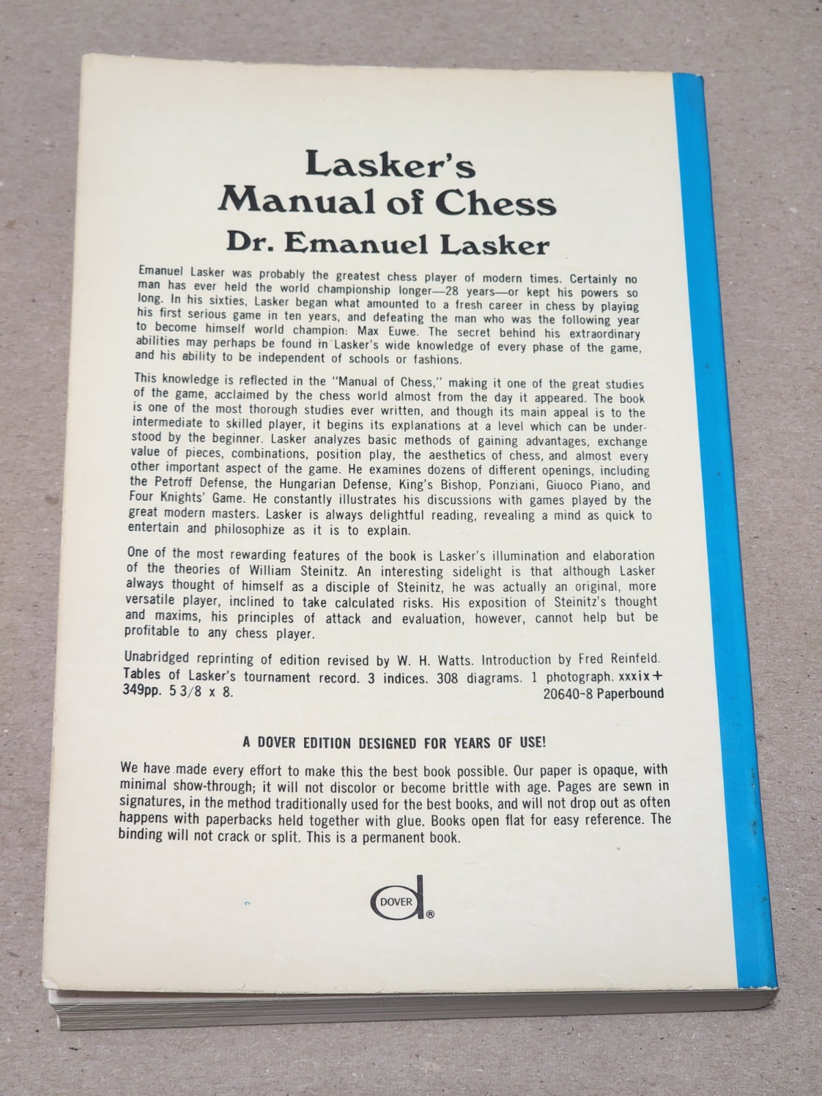 Lasker’s Manual of Chess Paperback Book 1960 by Emanuel Lasker 349 Pages