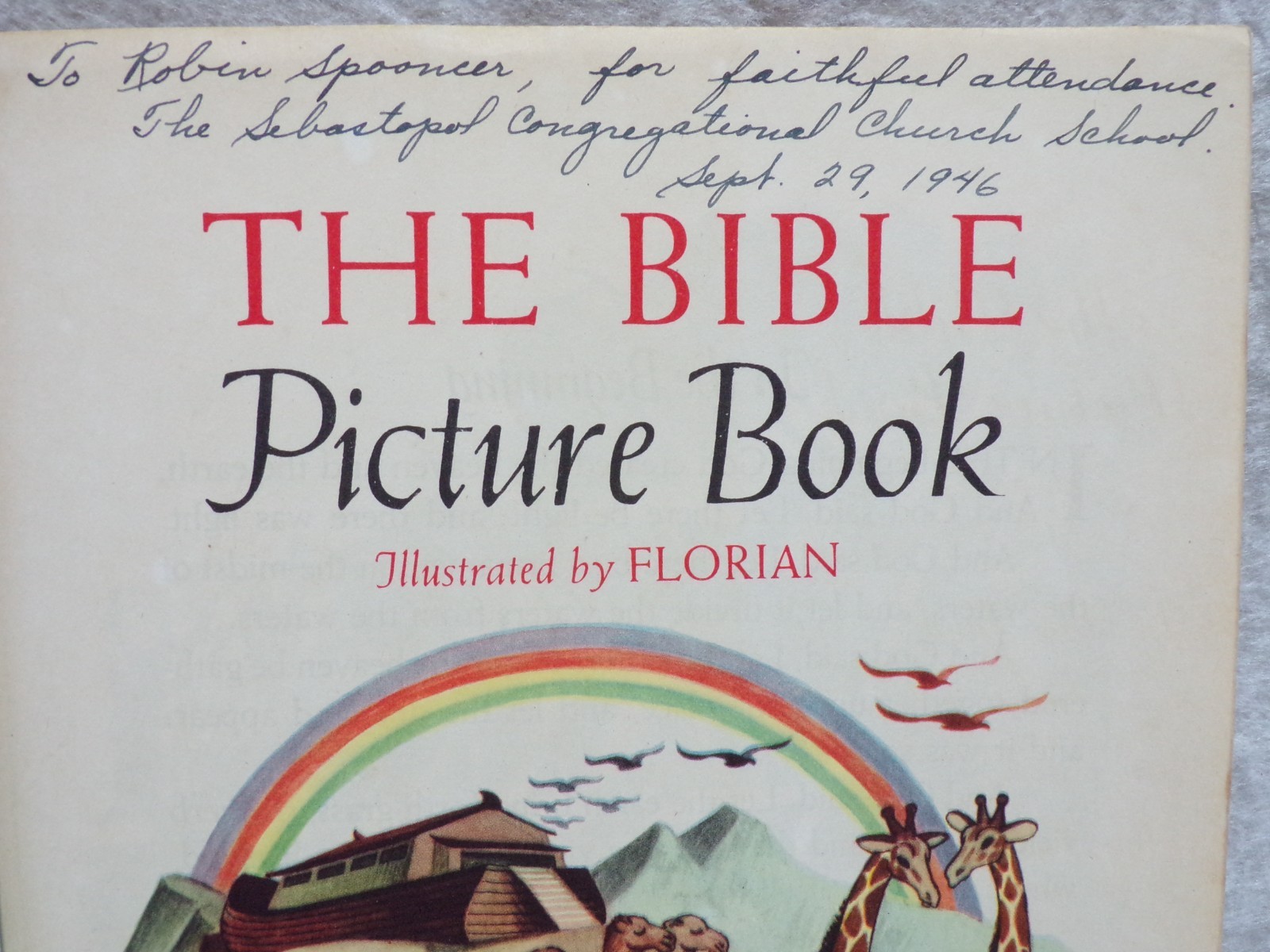 1945 THE BIBLE PICTURE BOOK HARD COVER COLOR ILLUSTRATED BY FLORIAN 48 PAGES