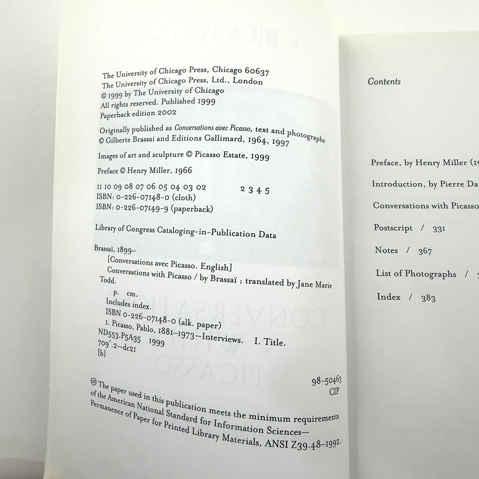 CONVERSATIONS WITH PICASSO Brassai University Of Chicago Press PB 2002