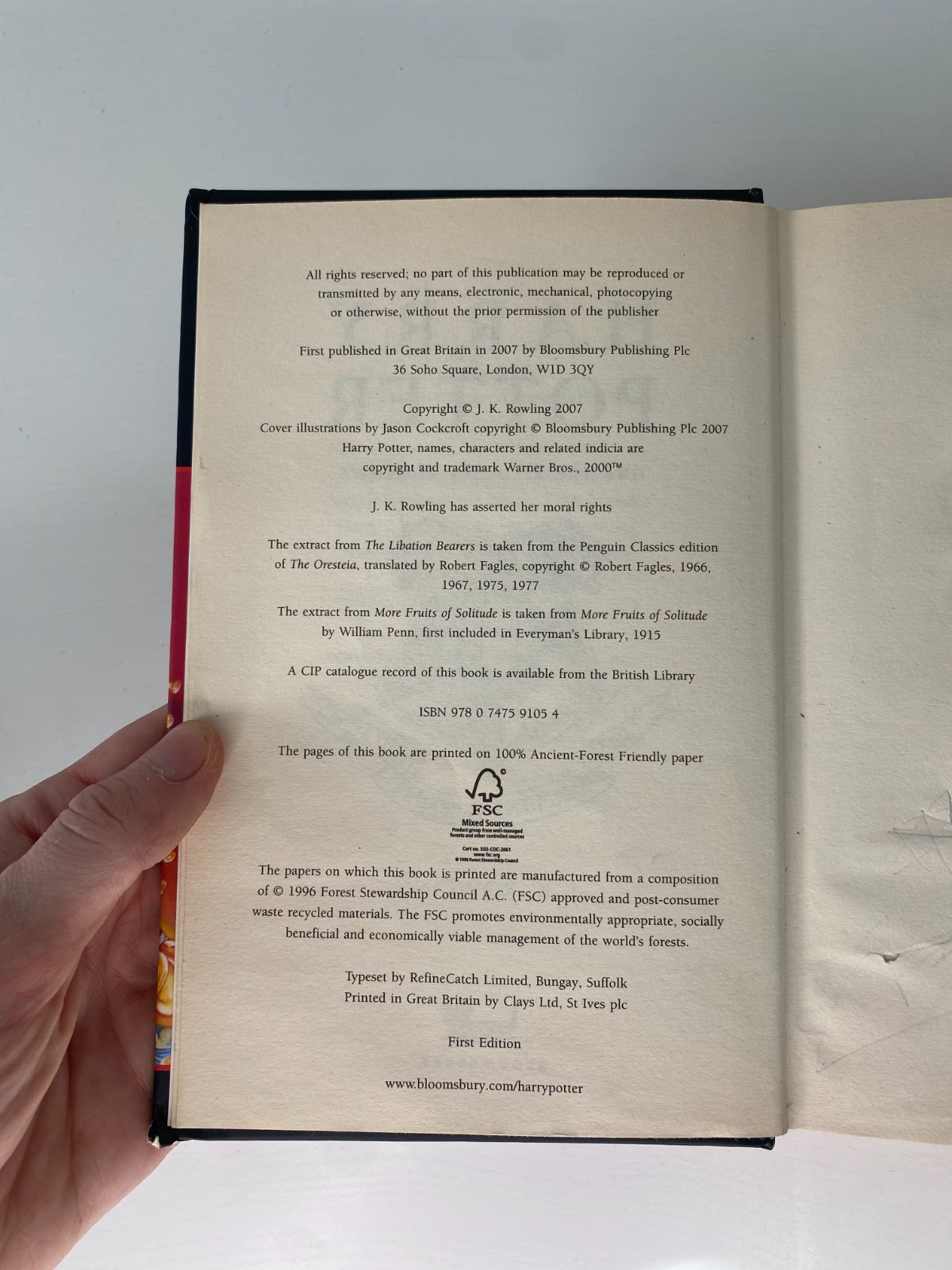 Harry Potter And The Deathly Hallows JK Rowling UK First Edition HC No-Jacket