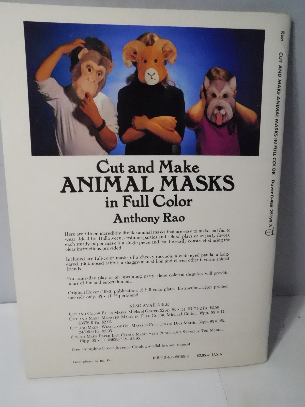 15 Cut & Make ANIMAL MASKS Book in Full Color Anthony Rao 1986 Dover