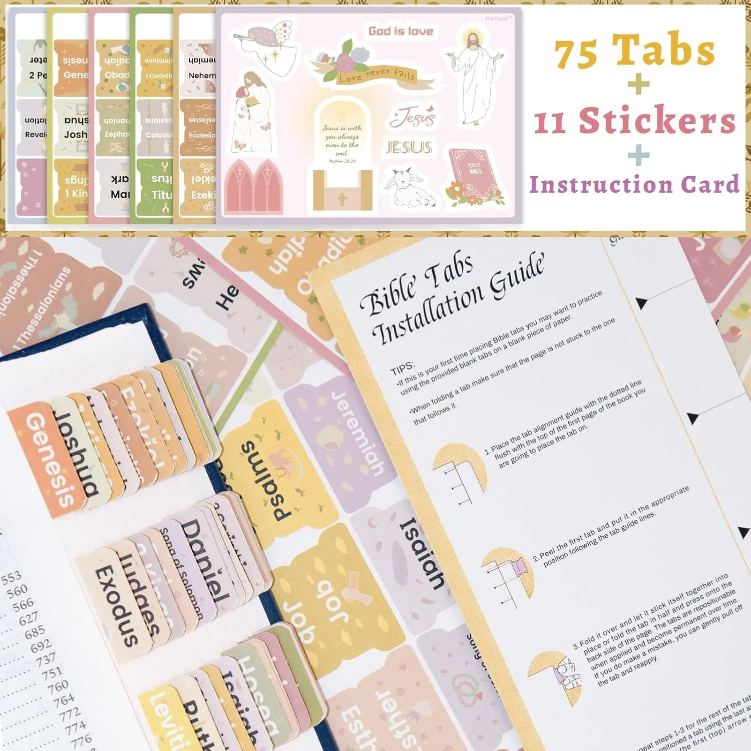 Bible Tabs with Unique Stickers, Laminated Bible Tabs for Women & Men, Christian