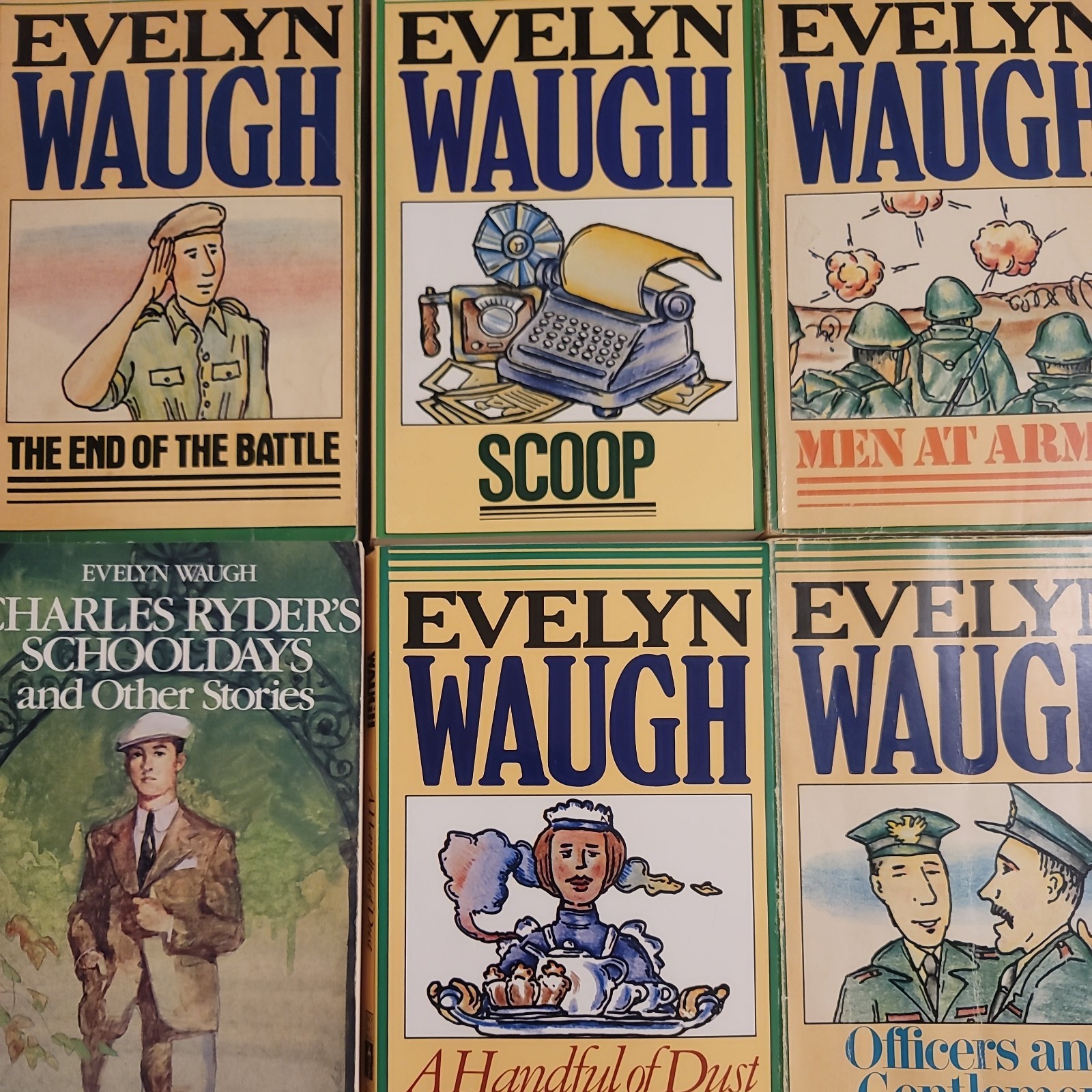 Lot Of 6 Evelyn Waugh Books: Scoop, Men At Arms, A Handful Of Dust, Etc.