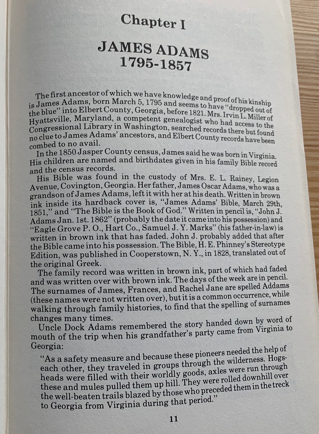 Book, Family History and Genealogy. James Adams line, 1795-1982.