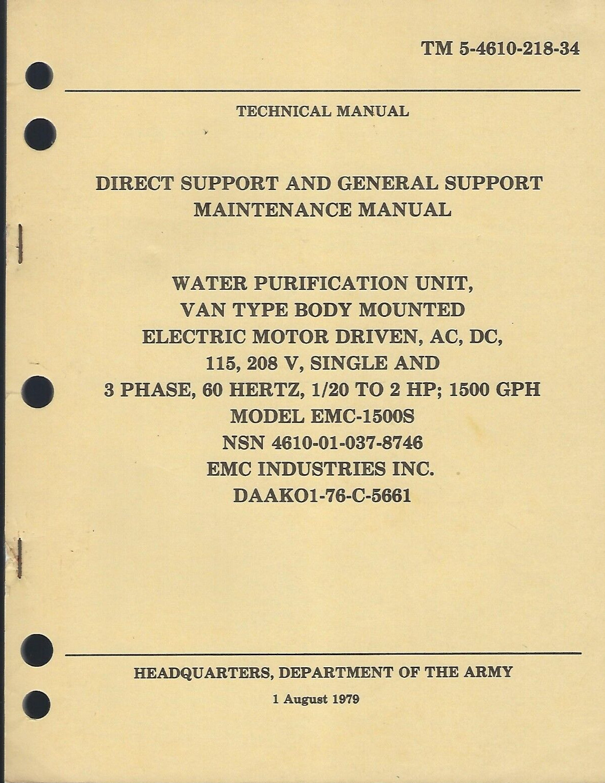 Historical book Water Purification Unit, Van Type, 1500 GPH,(Mod EMC1500S),Depot